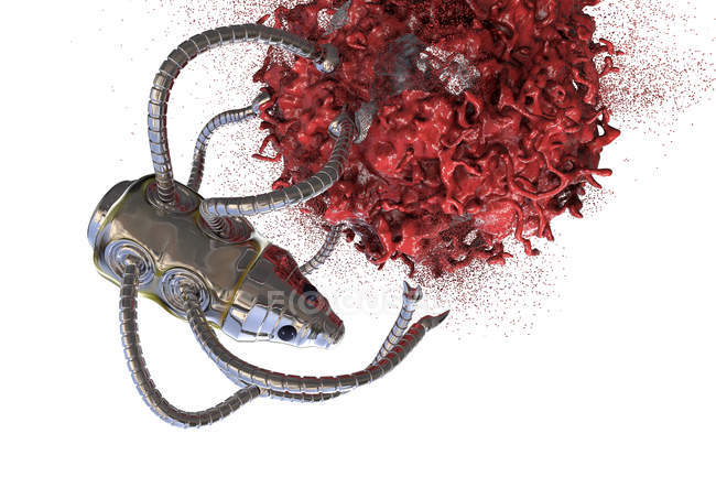 Ilustración digital conceptual de nanorobot médico atacando células cancerosas
. - foto de stock