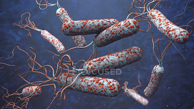 3d ilustración de patógenos del cólera en aguas oscuras contaminadas . - foto de stock