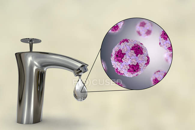 Sicurezza dell'acqua potabile. Illustrazione concettuale che mostra il virus dell'epatite A in goccia d'acqua . — Foto stock
