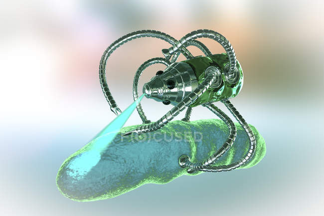 Цифровая иллюстрация наноробота, атакующего стержнеобразную бациллу с помощью биммера
. — стоковое фото