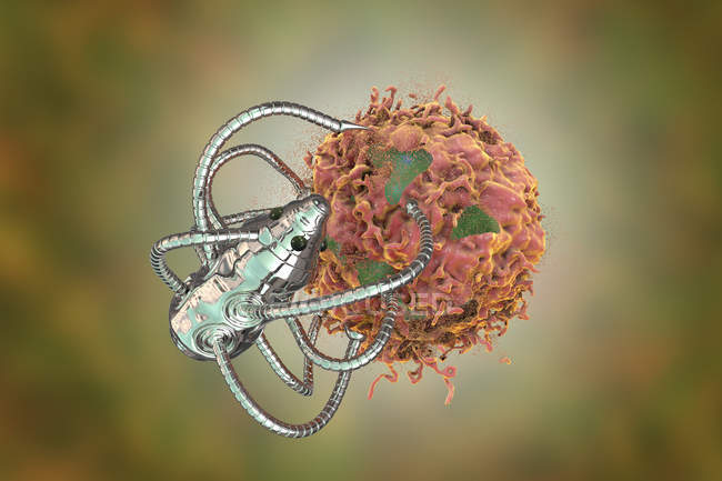 Ilustración digital conceptual de nanorobot médico atacando células cancerosas . - foto de stock