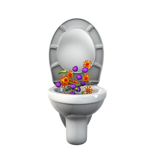 Flush toalete micróbios, ilustração digital conceitual sobre fundo branco . — Fotografia de Stock