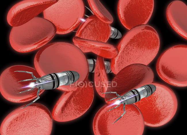 Nanobot na corrente sanguínea com eritrócitos vermelhos, ilustração digital
. — Fotografia de Stock