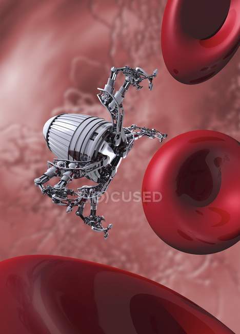 Nanobot in bloodstream with red erythrocytes, digital illustration. — Stock Photo