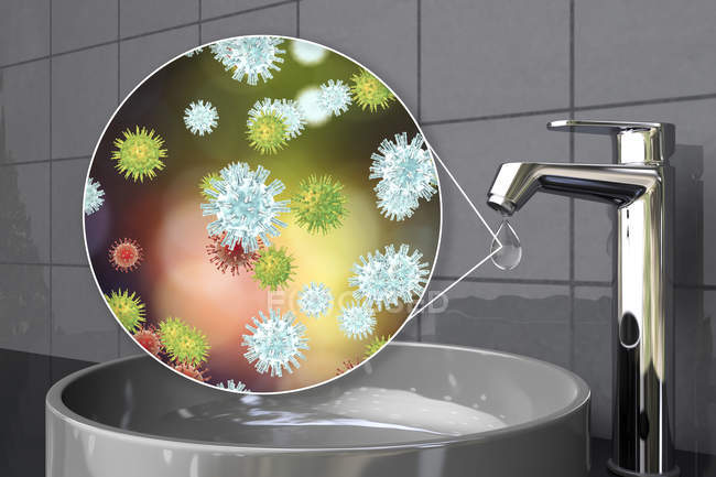 Sicurezza dell'acqua potabile. Illustrazione concettuale che mostra i virus patogeni in goccia di acqua di rubinetto
. — Foto stock