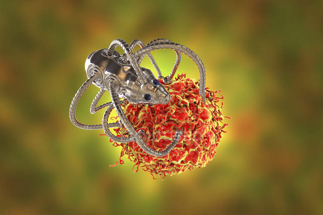 Illustration numérique conceptuelle d'une nanorobot médicale attaquant une cellule cancéreuse . — Photo de stock