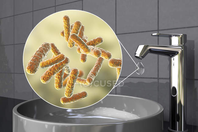 Sécurité de l'eau potable. Illustration conceptuelle montrant des microbes dans une goutte d'eau du robinet
. — Photo de stock