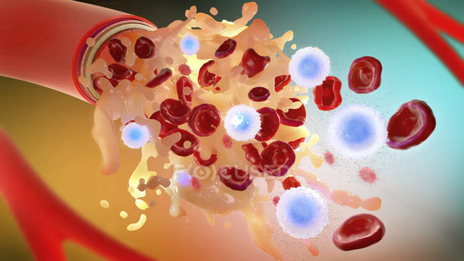 Ilustración 3d del plasma sanguíneo y componentes de la sangre que fluye de la arteria
. - foto de stock