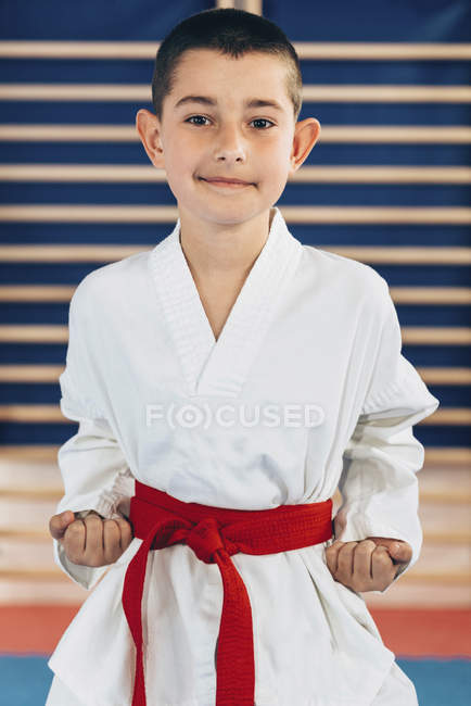 Menino com cinto vermelho posando em postura na classe taekwondo . — Fotografia de Stock