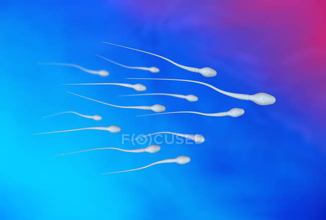 3D-Darstellung von Spermien auf buntem blauem Hintergrund. — Stockfoto