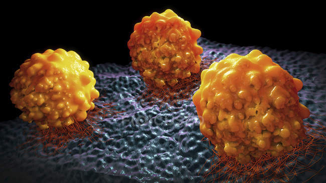 Ilustración 3d de células cancerosas conectadas al tejido . - foto de stock