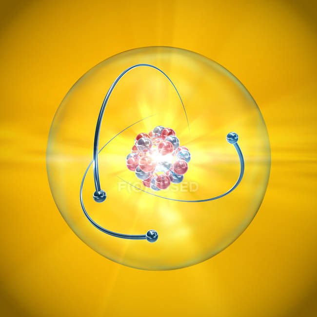 Atomo con nucleo, guscio atomico ed elettroni orbitanti su fondo giallo . — Foto stock