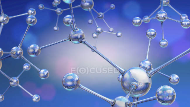 Ilustración 3d de bolas reflectantes conectadas sobre fondo azul
. - foto de stock