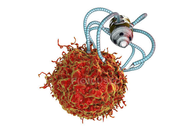 Ilustración digital conceptual de nanorobot médico atacando células cancerosas . - foto de stock