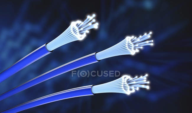 Illustration 3D de câbles optiques de guidage lumineux de différentes couleurs avec des extrémités ouvertes qui brillent brillamment . — Photo de stock