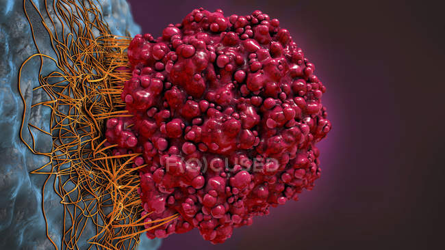3D-Illustration einer farbigen roten Gehirnkrebszelle, die sich mit Gewebe verbindet. — Stockfoto