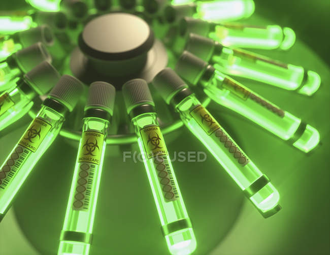 Iluminação verde da centrifugadora com tubos de ensaio de risco biológico, ilustração digital de investigação biológica . — Fotografia de Stock