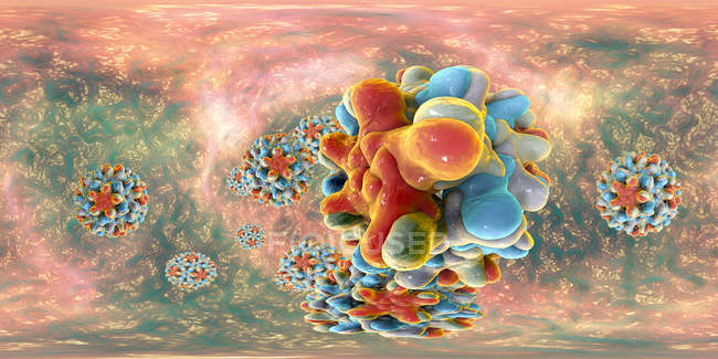 Particules du virus de l'hépatite B en vue panoramique à 360 degrés, illustration numérique colorée
. — Photo de stock