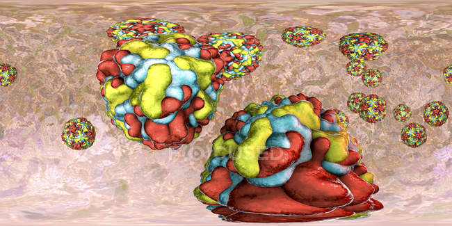 Барвисті частинки норовірусу в 360 градусів панорамного вигляду, цифрова ілюстрація . — стокове фото