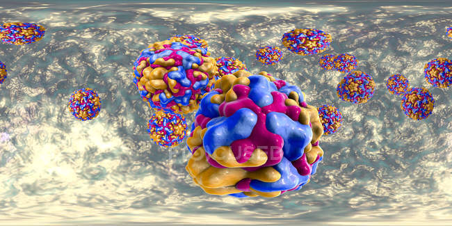 Particelle colorate di rinovirus in vista panoramica a 360 gradi, illustrazione digitale . — Foto stock