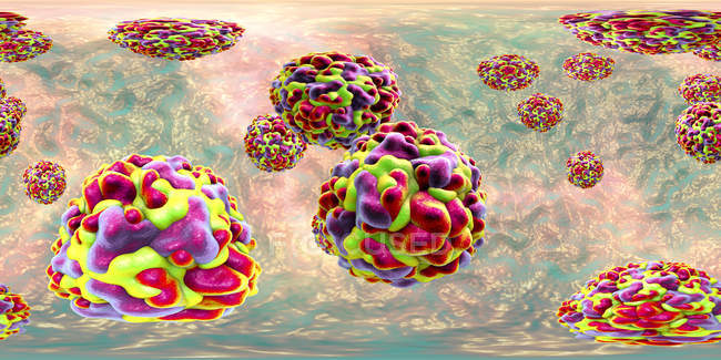Барвисті частинки риновіруси в 360-градусний панорамний вид, цифрова ілюстрація. — стокове фото