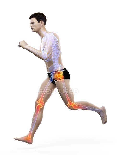 Homem correndo com pontos de dor nas articulações, ilustração conceitual . — Fotografia de Stock