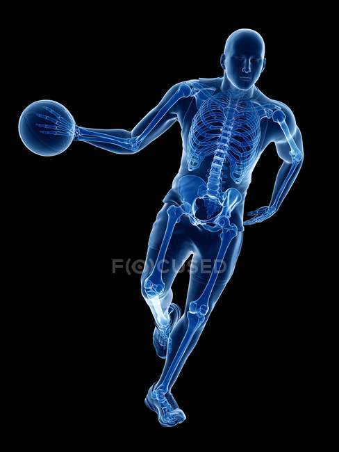 Skelett eines Basketballspielers in Aktion, Computerillustration. — Stockfoto