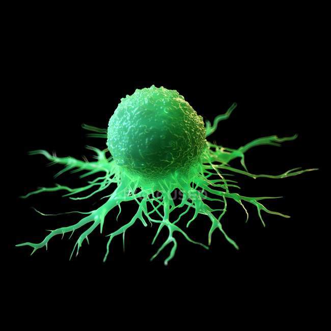 Abstrakt grün gefärbte Krebszelle auf schwarzem Hintergrund, digitale Illustration. — Stockfoto