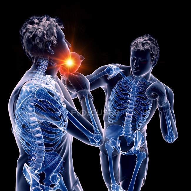 Illustration numérique 3D de deux hommes abstraits boxe avec poinçon lumineux sur fond noir . — Photo de stock
