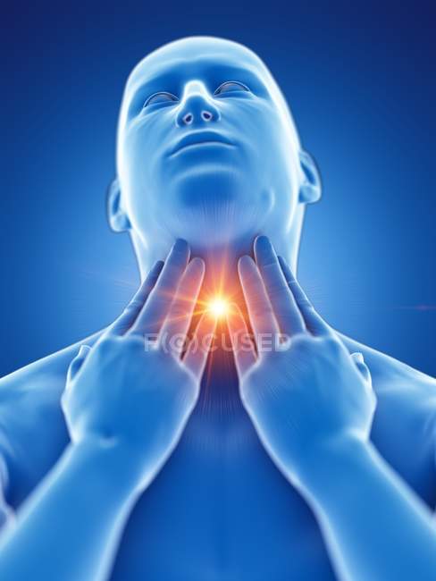 Corpo masculino abstrato com dor de garganta em fundo azul, ilustração digital conceitual . — Fotografia de Stock