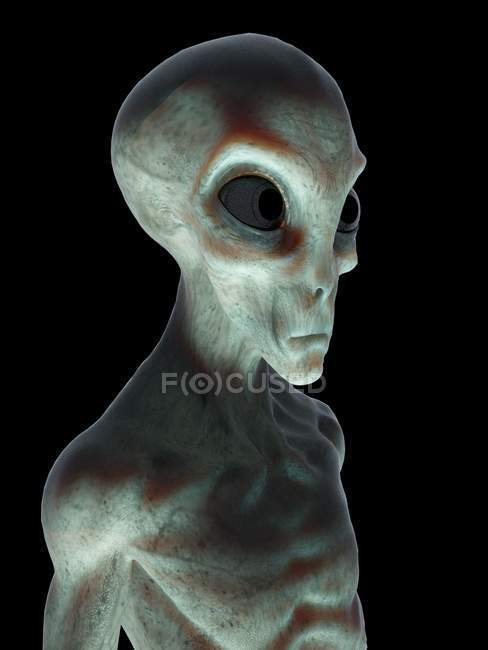Cabeza alienígena gris sobre fondo negro, ilustración digital . - foto de stock