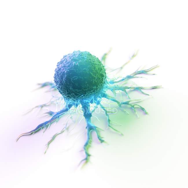 Abstrakte blau gefärbte Krebszelle auf weißem Hintergrund, digitale Illustration. — Stockfoto
