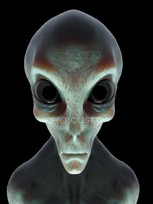 Cabeça alienígena cinza no fundo preto, ilustração digital . — Fotografia de Stock