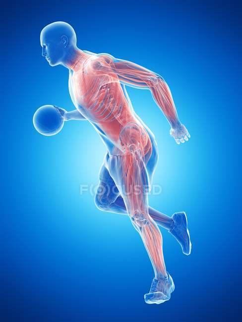 Jogador de basquete masculino músculos enquanto corre com bola, ilustração do computador . — Fotografia de Stock