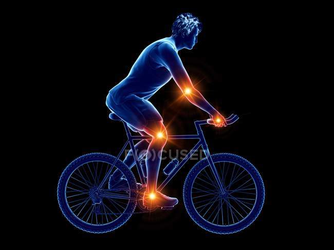Silhouette cycliste avec des lieux de douleurs articulaires, illustration conceptuelle par ordinateur . — Photo de stock