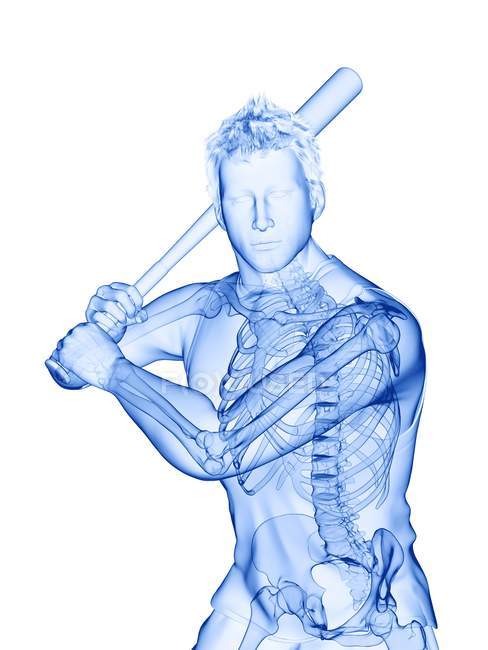 Skelett eines Baseballspielers in Aktion, Computerillustration. — Stockfoto