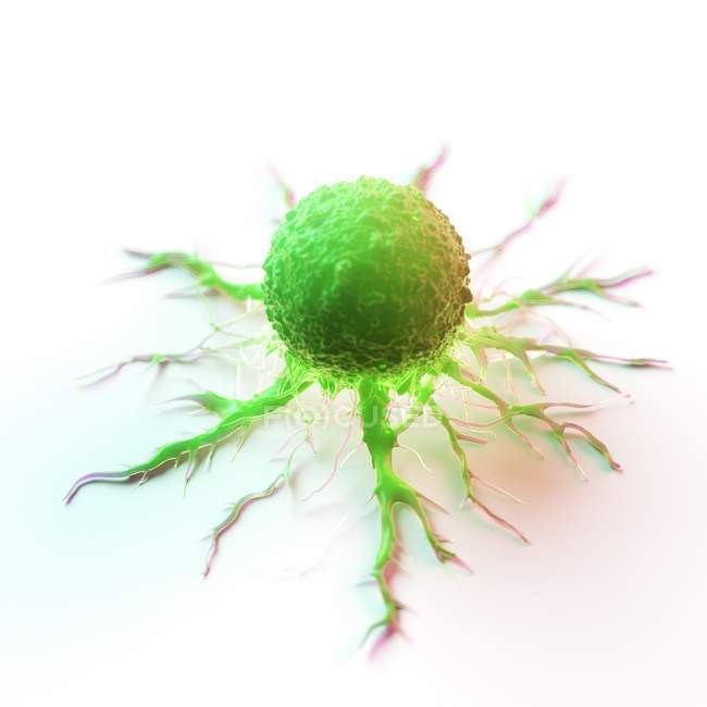 Abstrakt grün gefärbte Krebszelle auf weißem Hintergrund, digitale Illustration. — Stockfoto