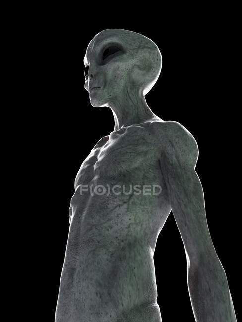 Grauer Außerirdischer im niedrigen Winkel auf schwarzem Hintergrund, digitale Illustration. — Stockfoto