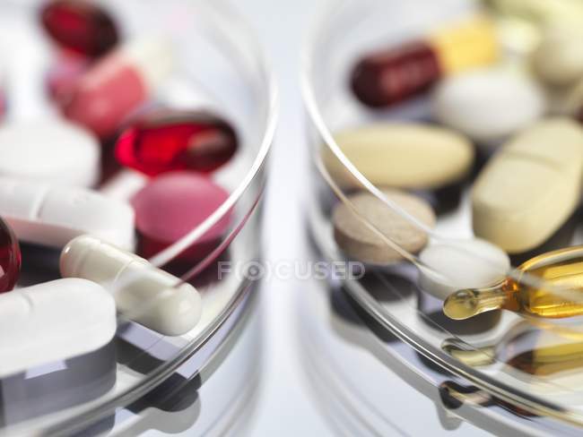 Pharmaceutical variety of medicine capsules in petri dishes. — Stock Photo