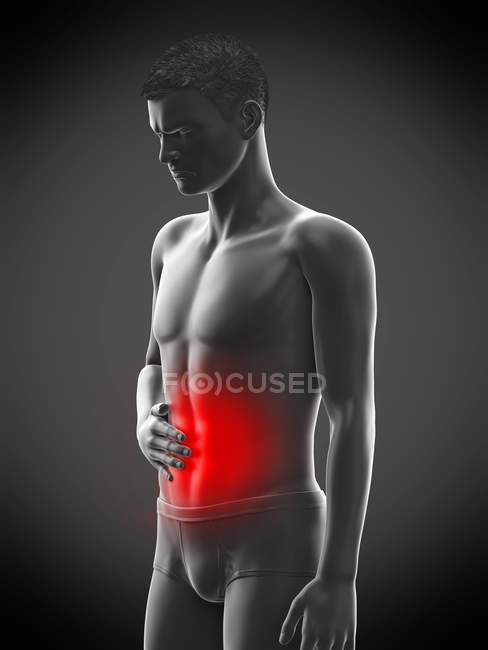 Cuerpo masculino abstracto con dolor abdominal, ilustración digital conceptual . - foto de stock