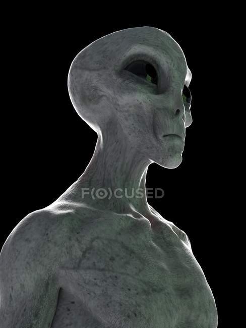Cabeza alienígena gris sobre fondo negro, ilustración digital . - foto de stock