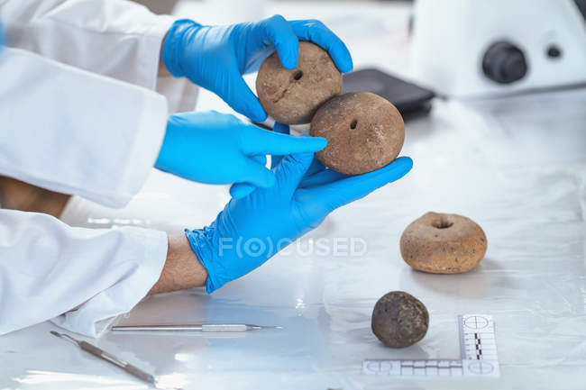 Arqueólogos analizando artefactos antiguos en laboratorio de antropología . - foto de stock