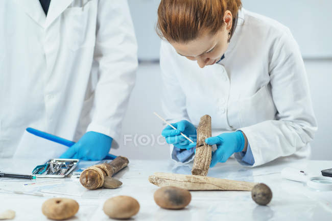 Chercheurs en archéologie en laboratoire reconstruisant l'utilisation d'outils anciens . — Photo de stock