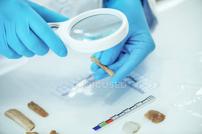 Archaeology researcher performing lithics analysis with magnifying glass and measuring artifacts with straightedge tool. — Stock Photo
