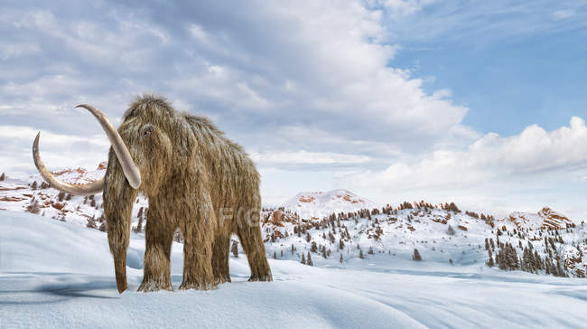 Mammouth laineux situé dans un environnement de scène d'hiver, illustration 3D réaliste . — Photo de stock
