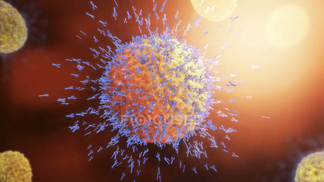 3d ilustración de anticuerpos que atacan partículas de virus
. - foto de stock