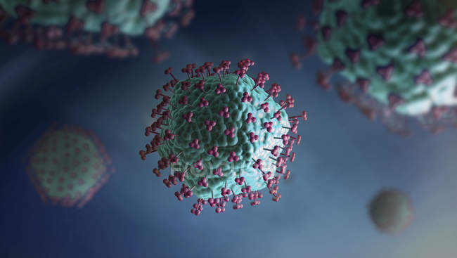 3d illustration of blue colored virus particles with receptors. — Stock Photo