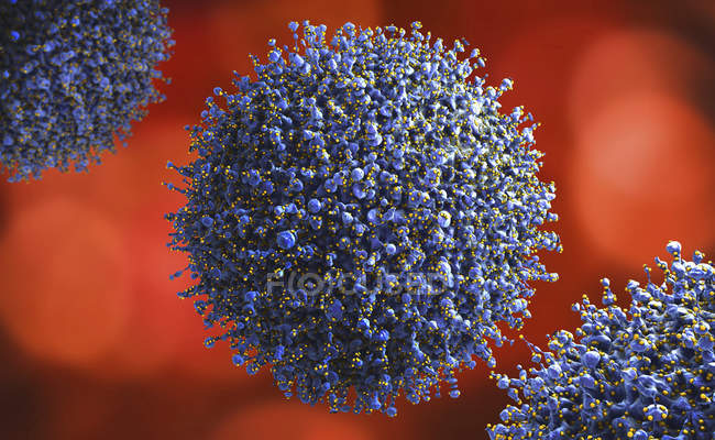 Ilustración 3d de partículas de virus con receptores sobre fondo rojo . - foto de stock