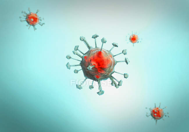 Rote Viruspartikel mit Rezeptoren auf blauem Hintergrund. — Stockfoto