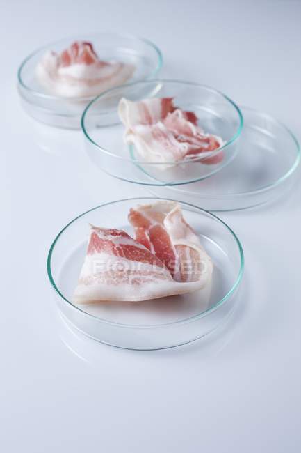 Imagem conceitual de carne cultivada em artigos de vidro de laboratório . — Fotografia de Stock